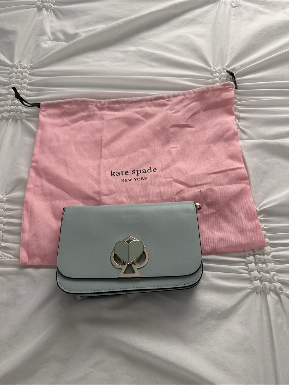 kate spade Light Blue Leather Crossbody with Signature Spade Heart Accent